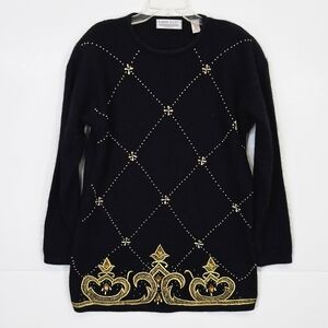 Karen Scott Vintage 80s 90s Gold Embellished Black Silk Angora Knit Sweater sz M
